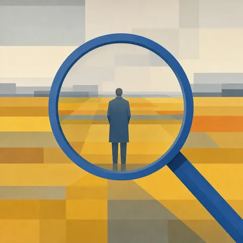 Een vergrootglas boven een vlak landschap, met in de lens één mens van achteren gezien