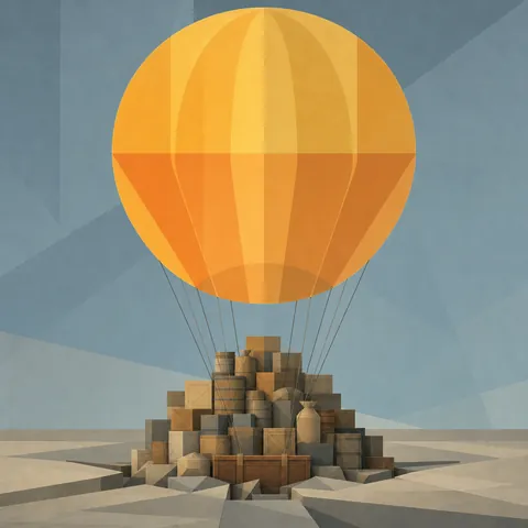 Een gele heteluchtballon die omhoog trekt, maar zijn mand zit half in de grond onder een berg kisten, vaten en zakken