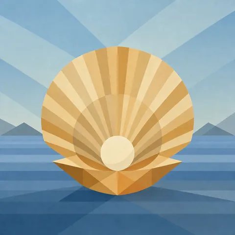 Een open schelp met één parel, oprijzend uit een rustige zee
