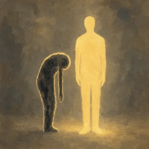 Twee silhouetten: links een mens die krom voorover hangt, donker van binnen met een dunne lichte rand; rechts een mens die rechtop staat, licht tot in de kern.