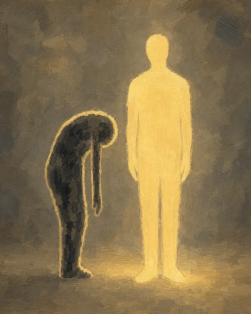 Twee silhouetten: links een mens die krom voorover hangt, donker van binnen met een dunne lichte rand; rechts een mens die rechtop staat, licht tot in de kern.