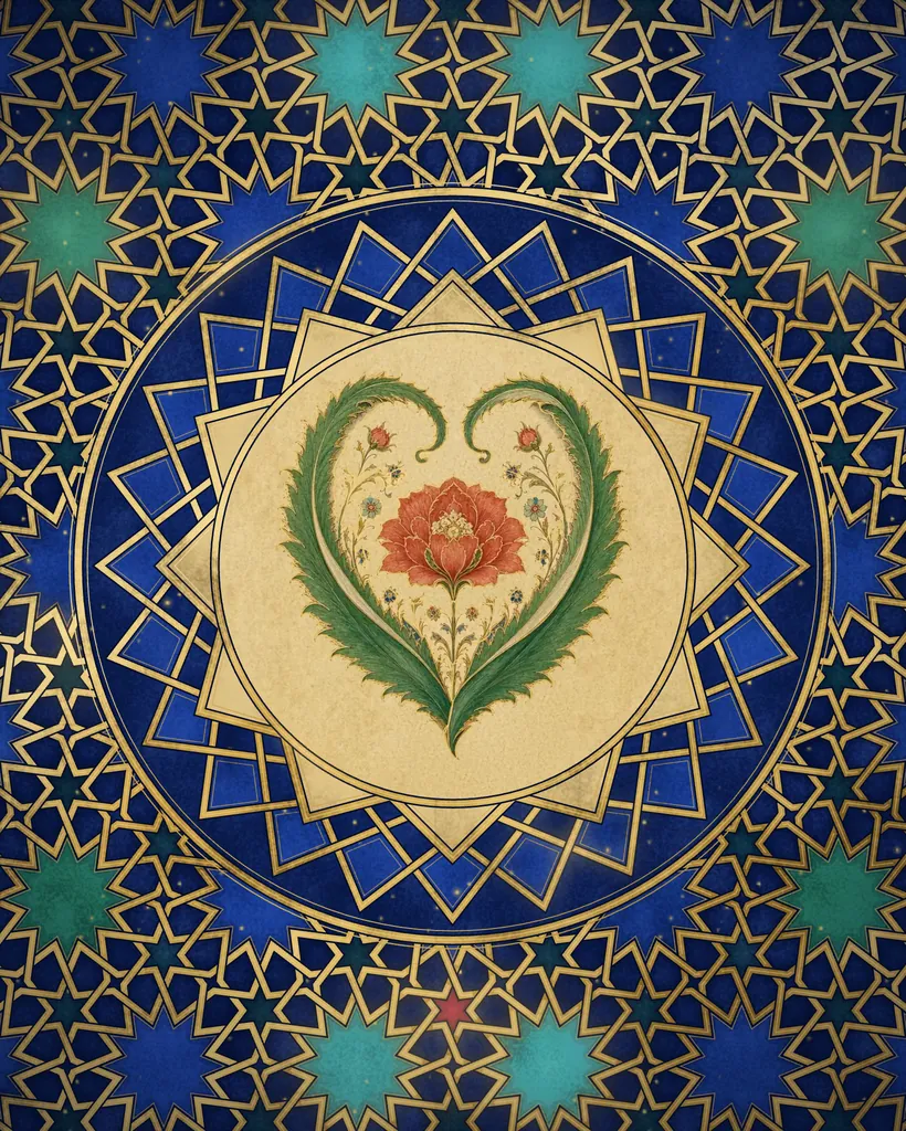 Een hart van twee groene bladeren met een rode bloem in het midden, op een gouden twaalfpuntige ster tegen lapisblauw vol sterren.
